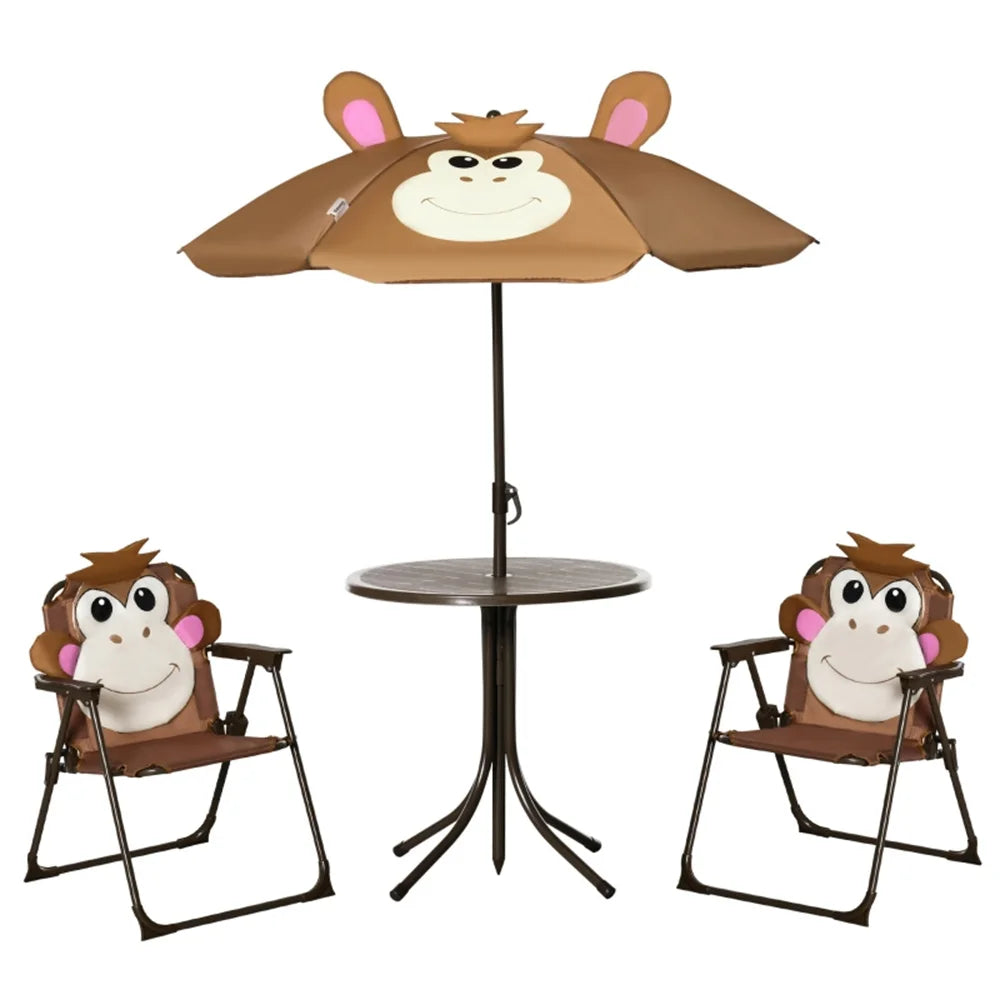 Cute Monkey Kids Patio Table Chair Set With Foldable Umbrella