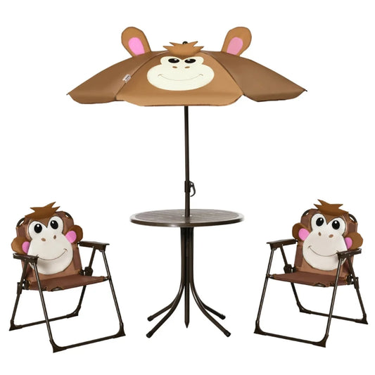 Cute Monkey Kids Patio Table Chair Set With Foldable Umbrella