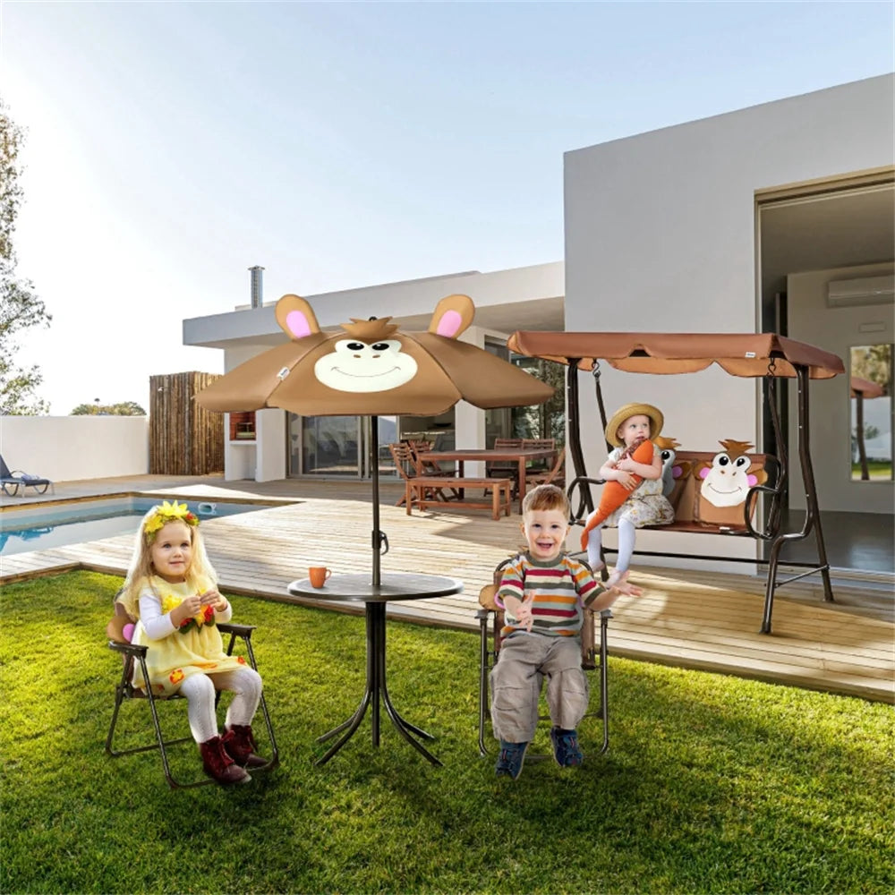 Cute Monkey Kids Patio Table Chair Set With Foldable Umbrella
