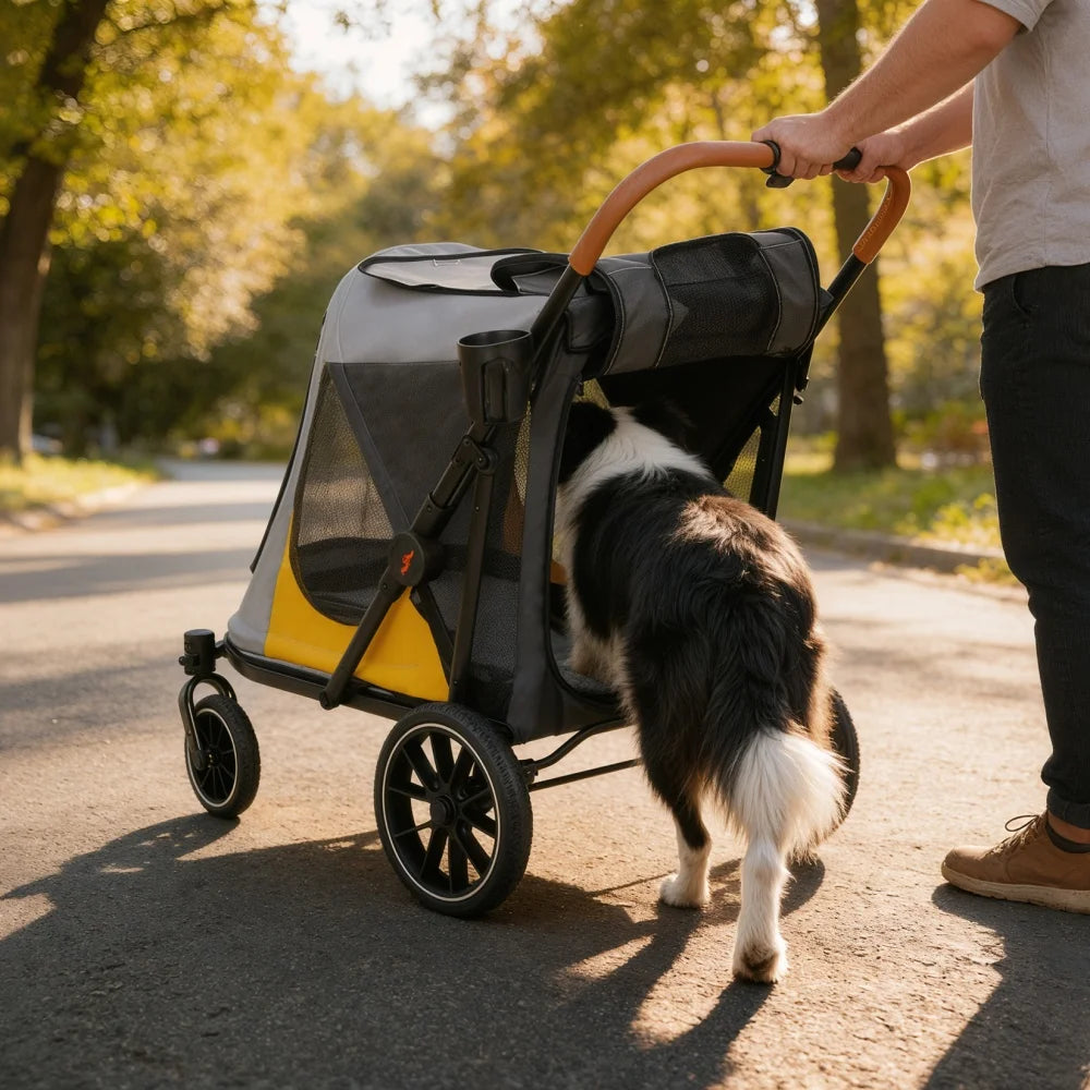 Foldable Pet Dog Stroller Rolling Dog Travel Carrier Pet Stroller Jogger Cart with Removable Cushion and Cup Holder Up to 42kg