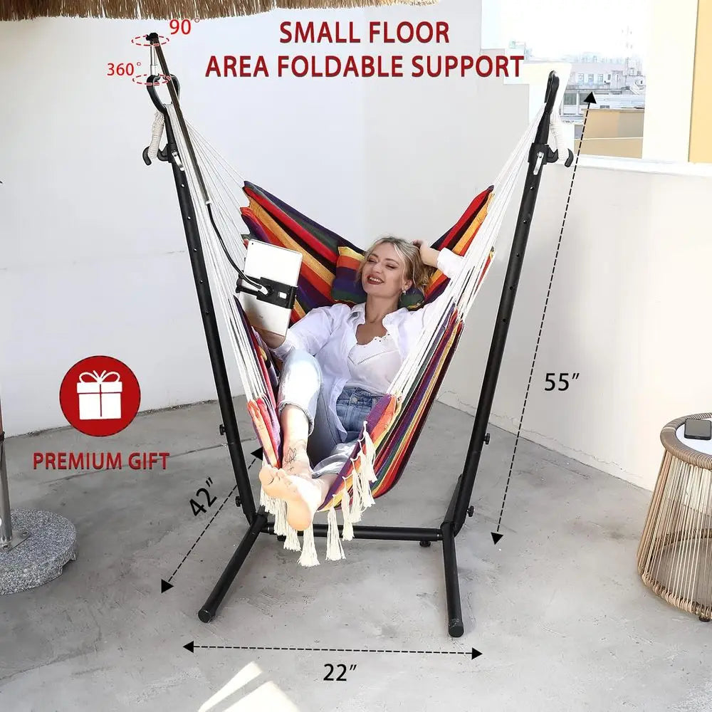 Double Hammock Chair with Stand - Bohemian Style Swing for Indoor/Outdoor Use, Mobile Phone Holder, Adjustable, Floor Mat Includ