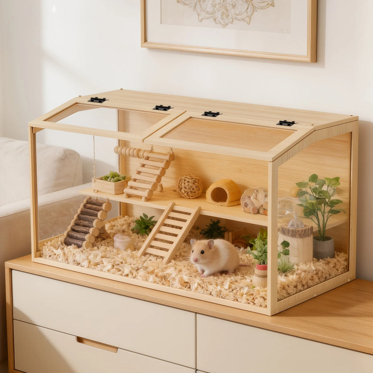 Wooden Hamster Habitat With Dual Access Doors And Integrated Lighting