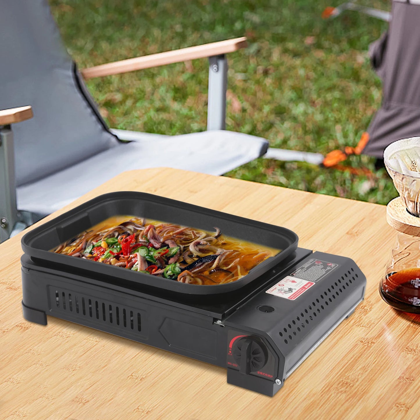 2.1KW Portable Camping Grill Gas Stove Butane Gas Stove W/Grill Pan Lid for Camping Traveling Trekking 17.71*12*3.34in