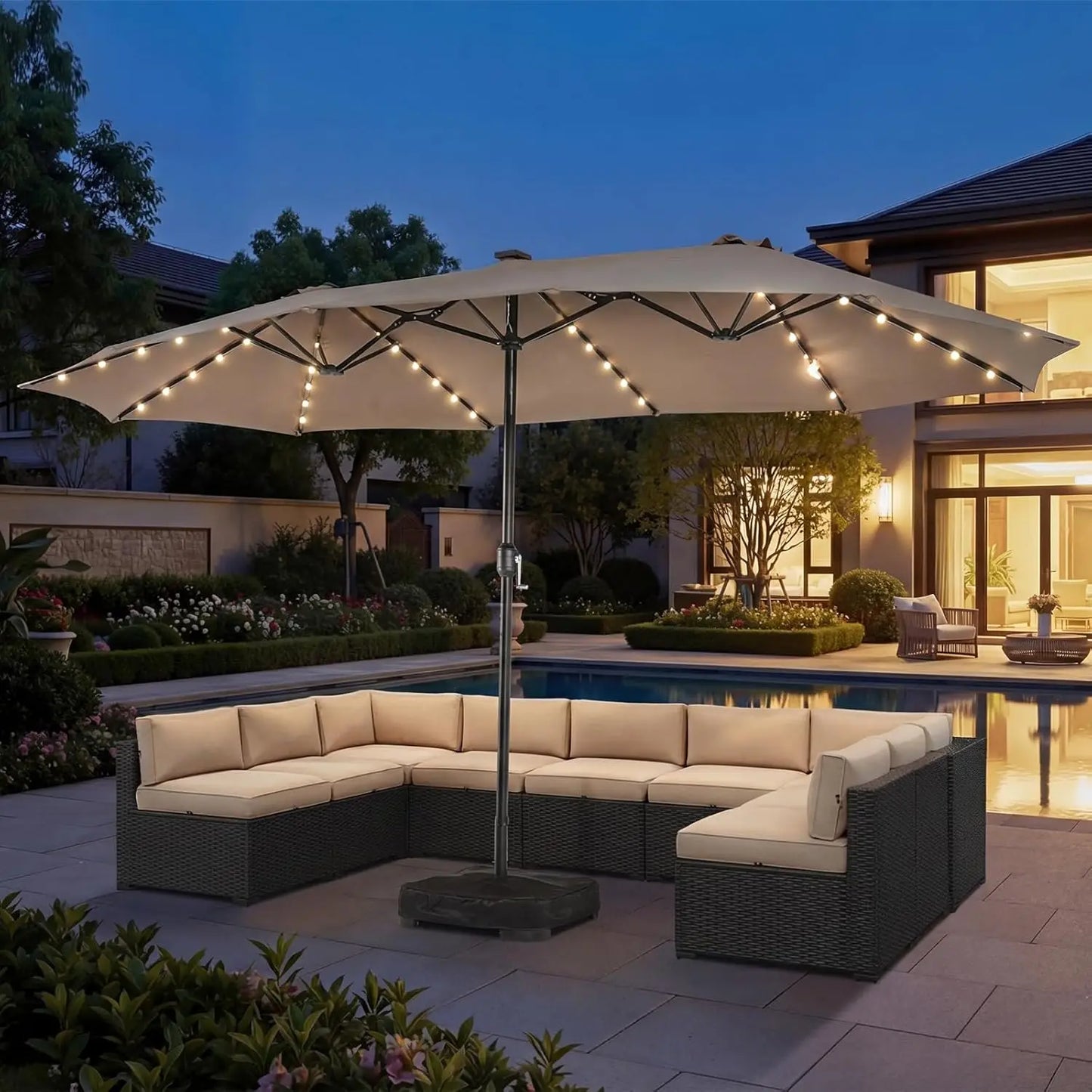 Outdoor Double-Sided Rectangular Patio Umbrella With Crank and Base