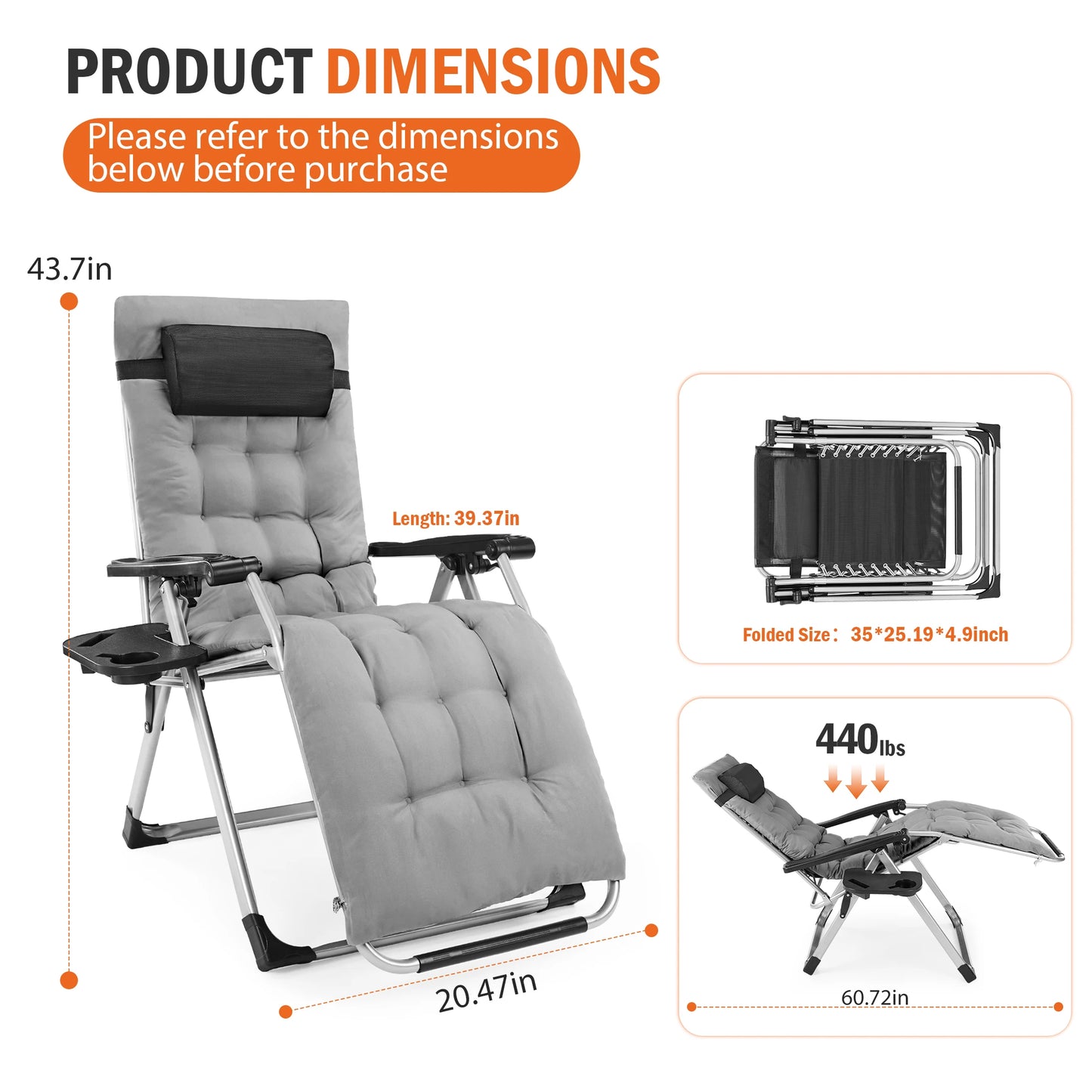 JHK Zero Gravity Reclining Camping Lounge Chair for Outdoor Soft Cushion Patio Chairs with Cup Holder Trays and Removable Cushion Folding Recliner for Indoor