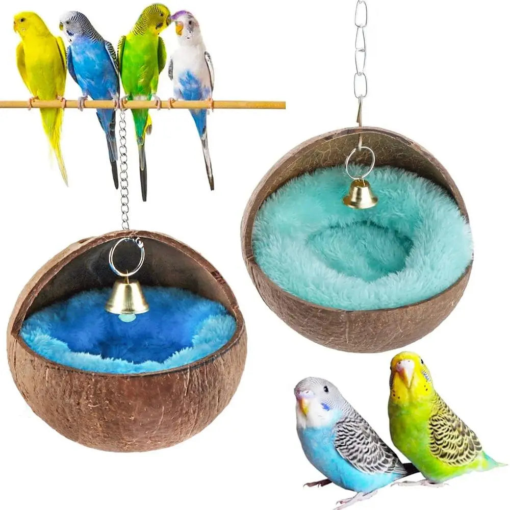 Natural Coconut Shell Bird Nest Set With Warm Pad And Bell For Parrot Budgie