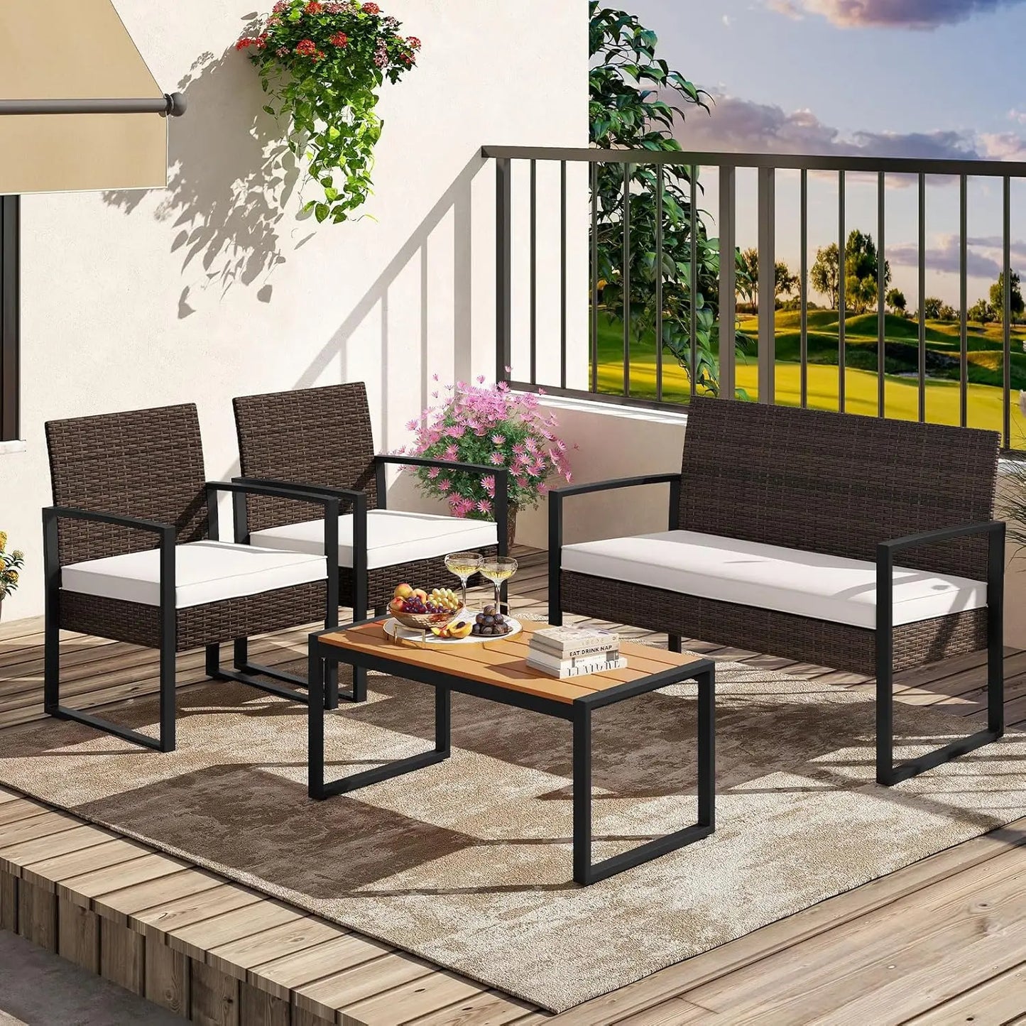 Outdoor Rattan Conversation Set With Cushioned Chairs And Coffee Table