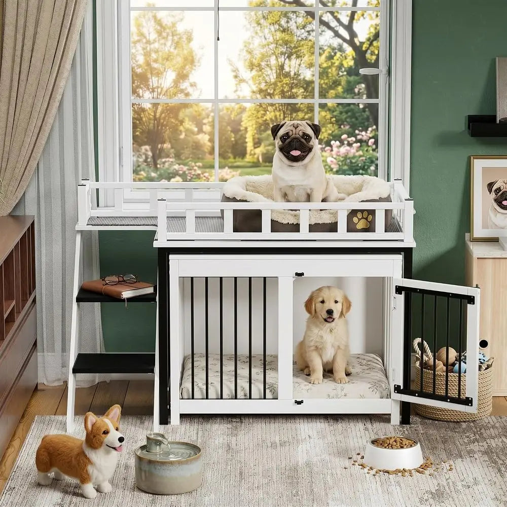 Pet Bunk Bed,Dog Window Perch with Stairs and Storage, Dogs/Cats Crate urniture, with Multi-pose Blanket and Indoor Dog Bed or S