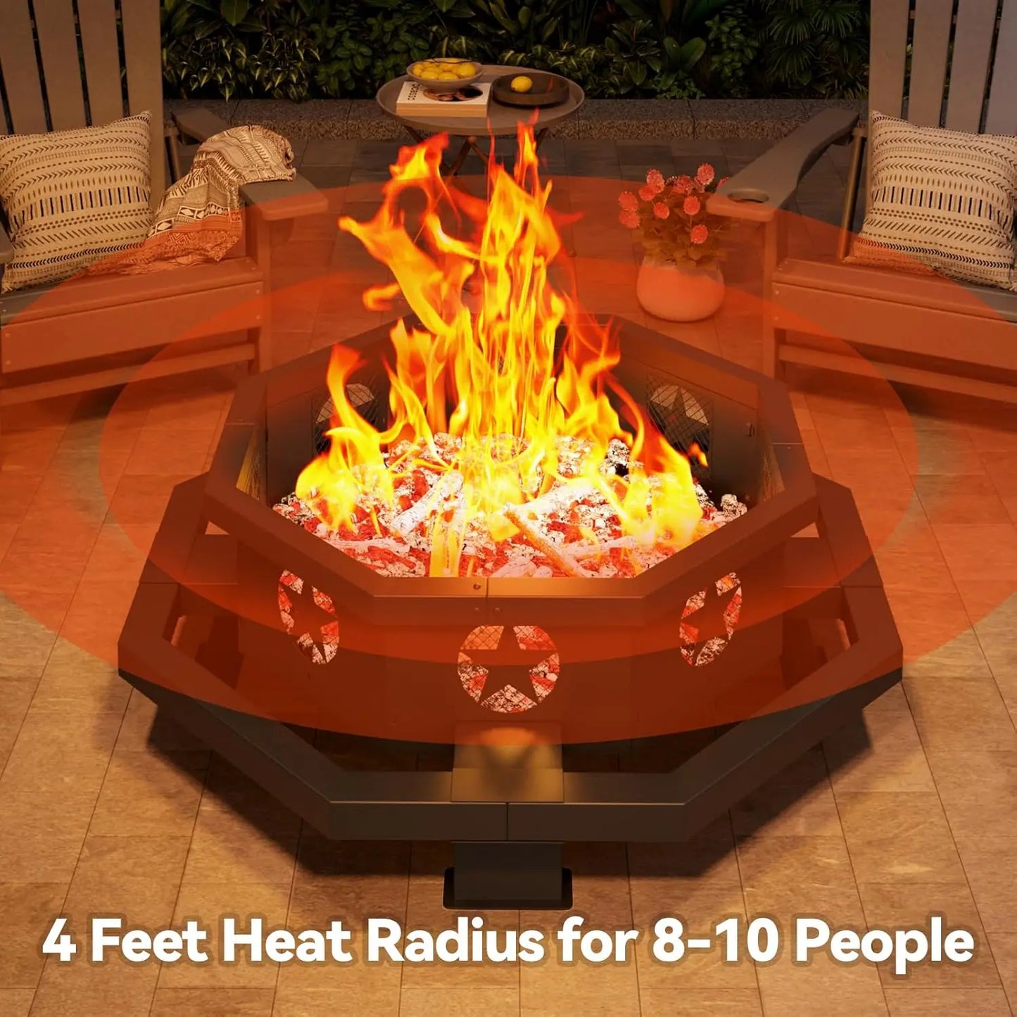 45 Inch Fire Pit for Outside Wood Burning, Outdoor Octagonal Fire Pit with Poker,