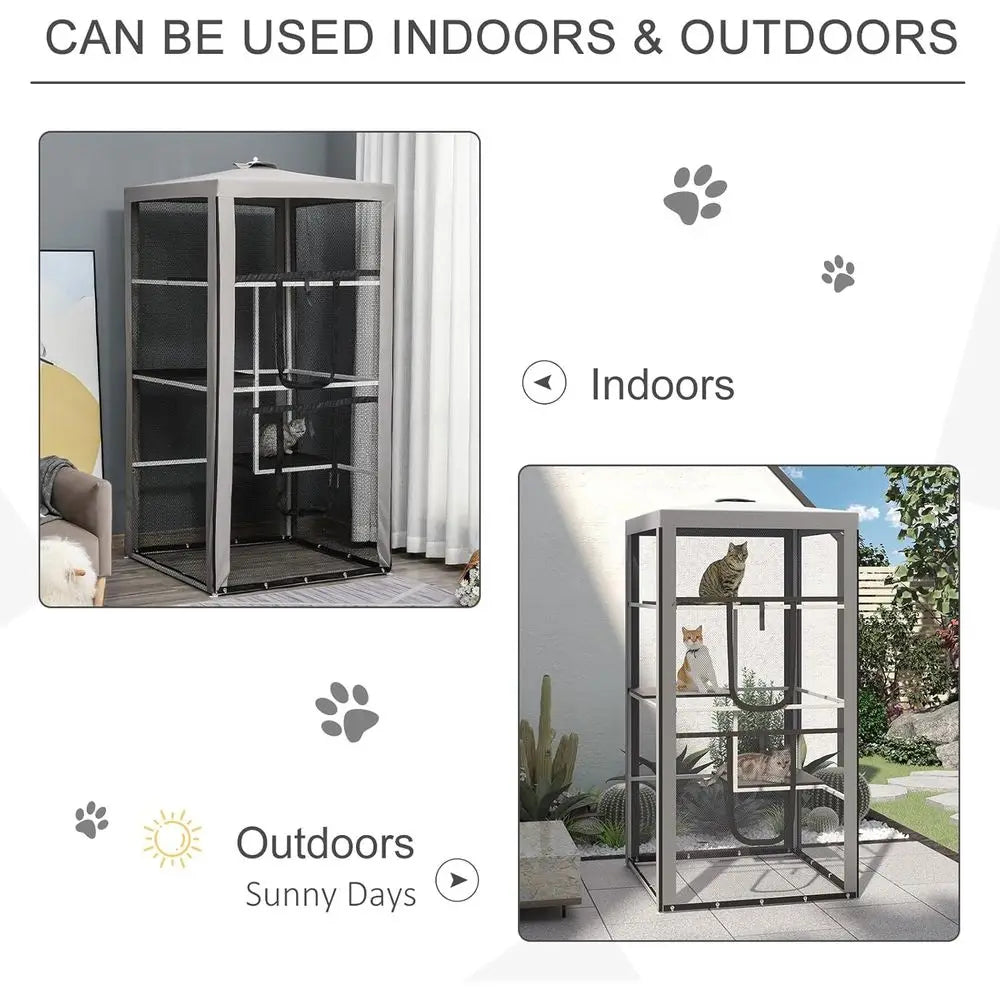 Outdoor Cat House Enclosure With Three Platforms And Steel Frame