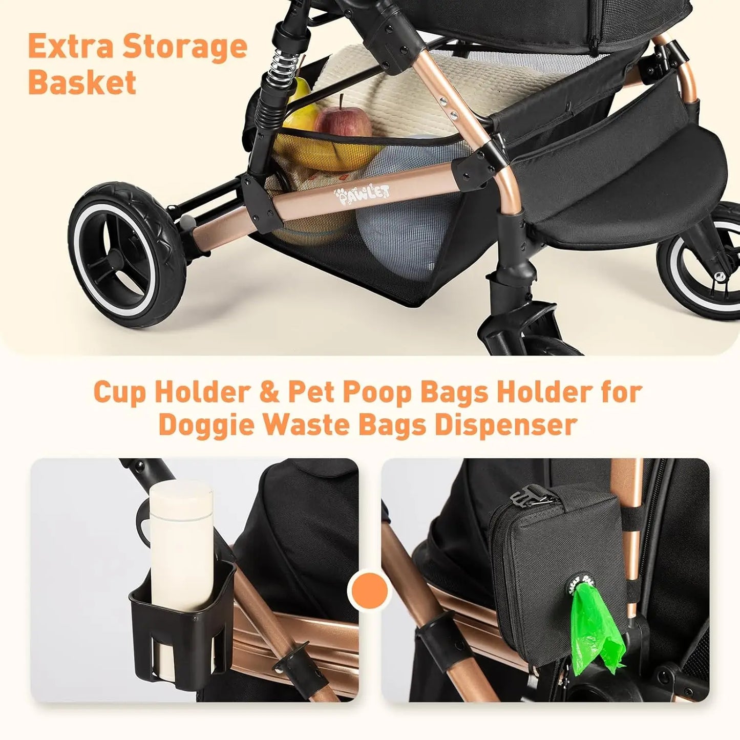 Waterproof Pet Stroller for Medium Dogs & Cats Up to 52 Lbs, Adjustable Handle & Canopy with Detachable Carrier