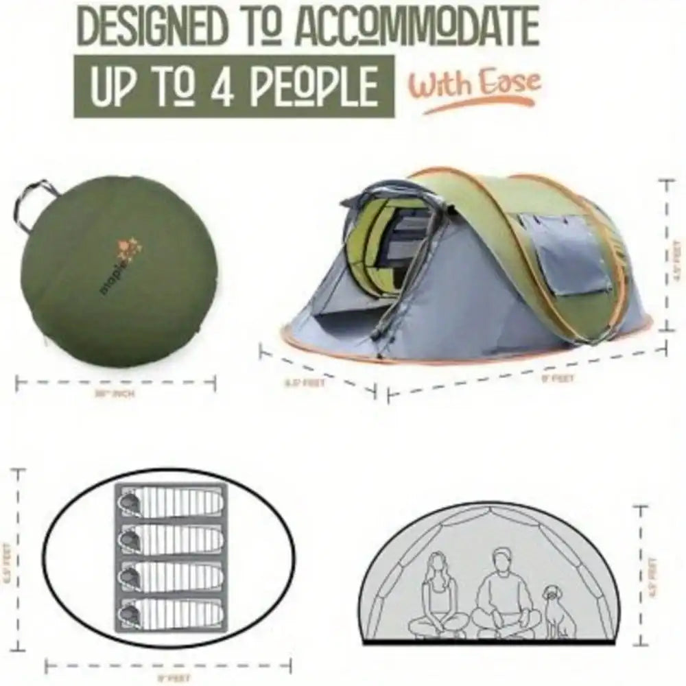 Camping Tent 4-Person Pop-Up With 2 Doors UPF50+ Waterproof
