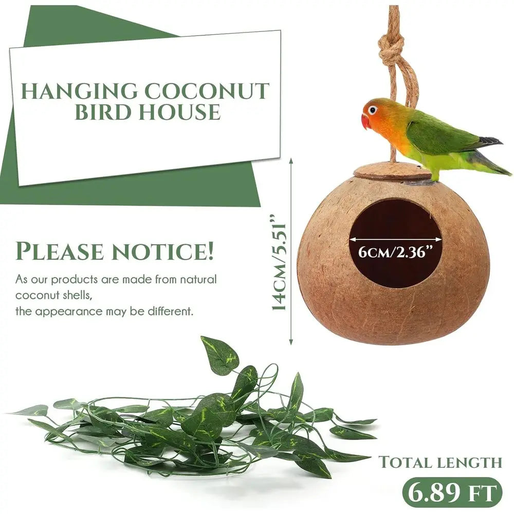 3 Pcs Coconut Bird Nest Hut Hanging Bird House Coconut Hide with 6.9 Feet Fake Vines Coconut Fiber Shell Small Bird Cage Accesso