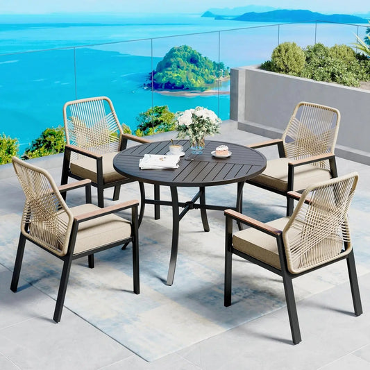 Patio Dining Set For 4 With Woven Rattan Waterproof Cushions