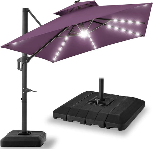 NONECN Cantilever Patio Umbrella With Base, Solar LED Lights