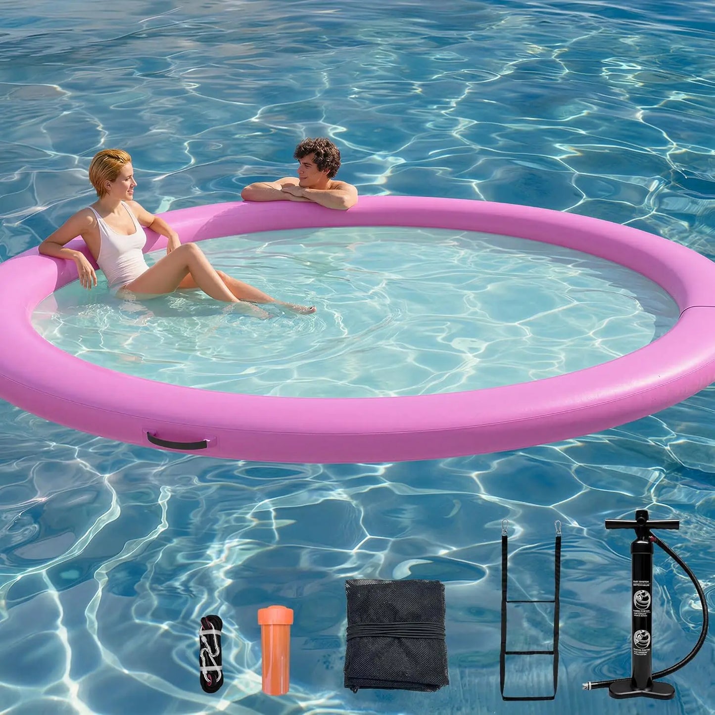 Water Hammock Inflatable Sunchill Float Ring with Mesh Design, Heavy Duty Inflatable Raft Float Ring Platform,Hammock, Custom