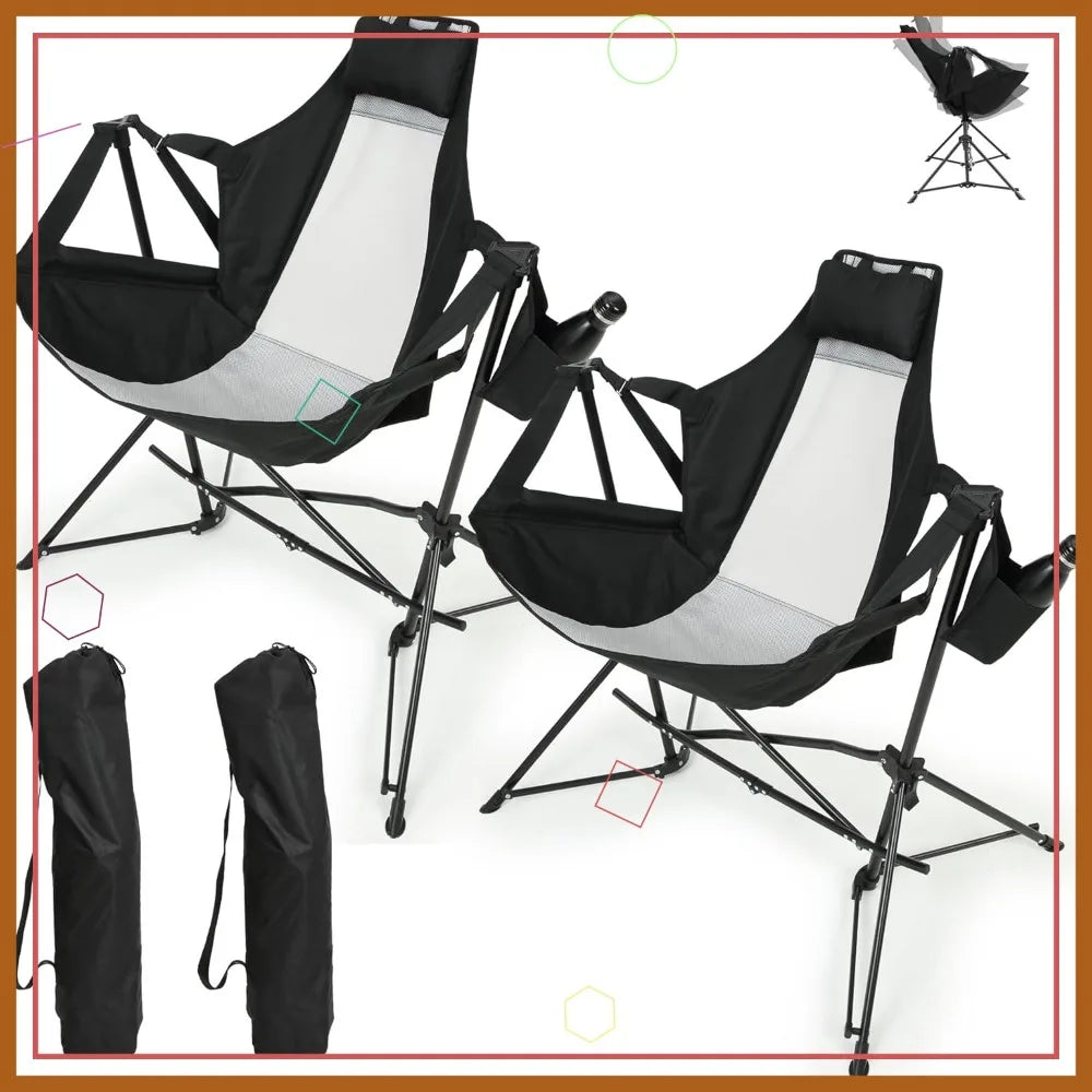 Portable Folding Hammock Chair Set of 2 with Stand - Outdoor Swing Camping Chair for Beach, Lawn, Patio (Black)