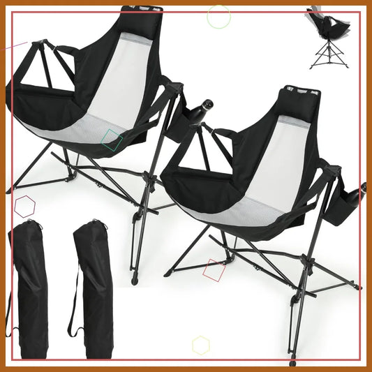 Portable Folding Hammock Chair Set of 2 with Stand - Outdoor Swing Camping Chair for Beach, Lawn, Patio (Black)
