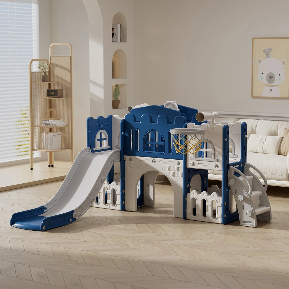 8 in 1 Indoor Toddler Slide with Basketball Hoop