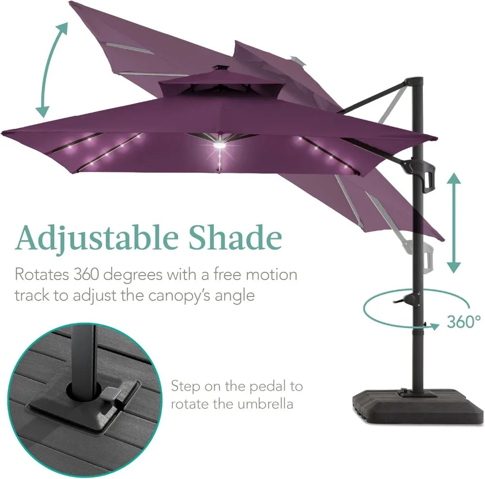 NONECN Cantilever Patio Umbrella With Base, Solar LED Lights