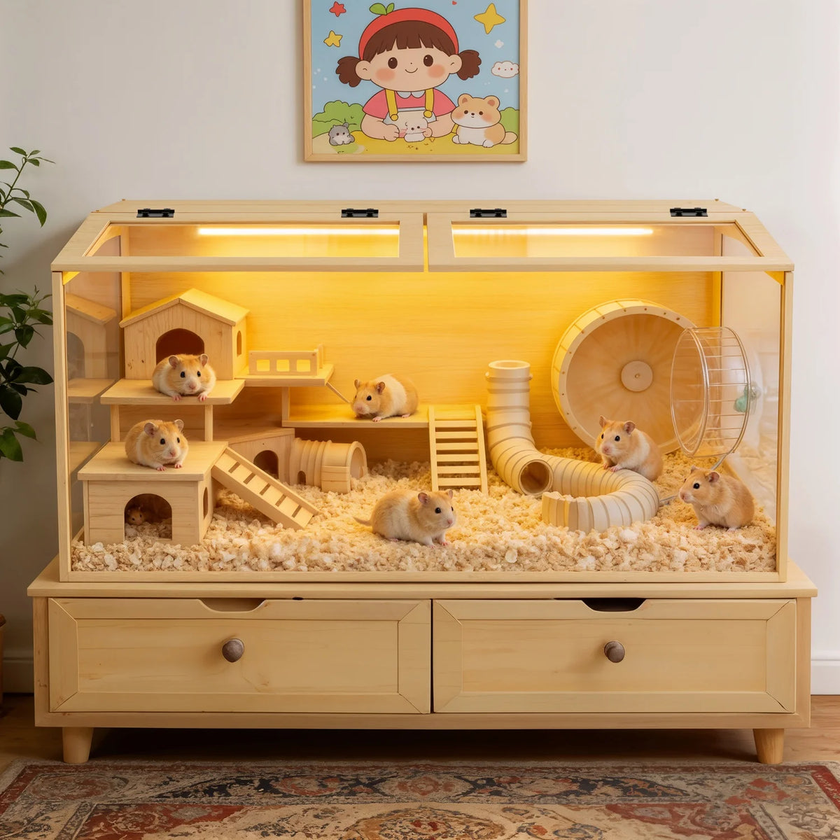 Wooden Hamster Habitat With Dual Access Doors And Integrated Lighting