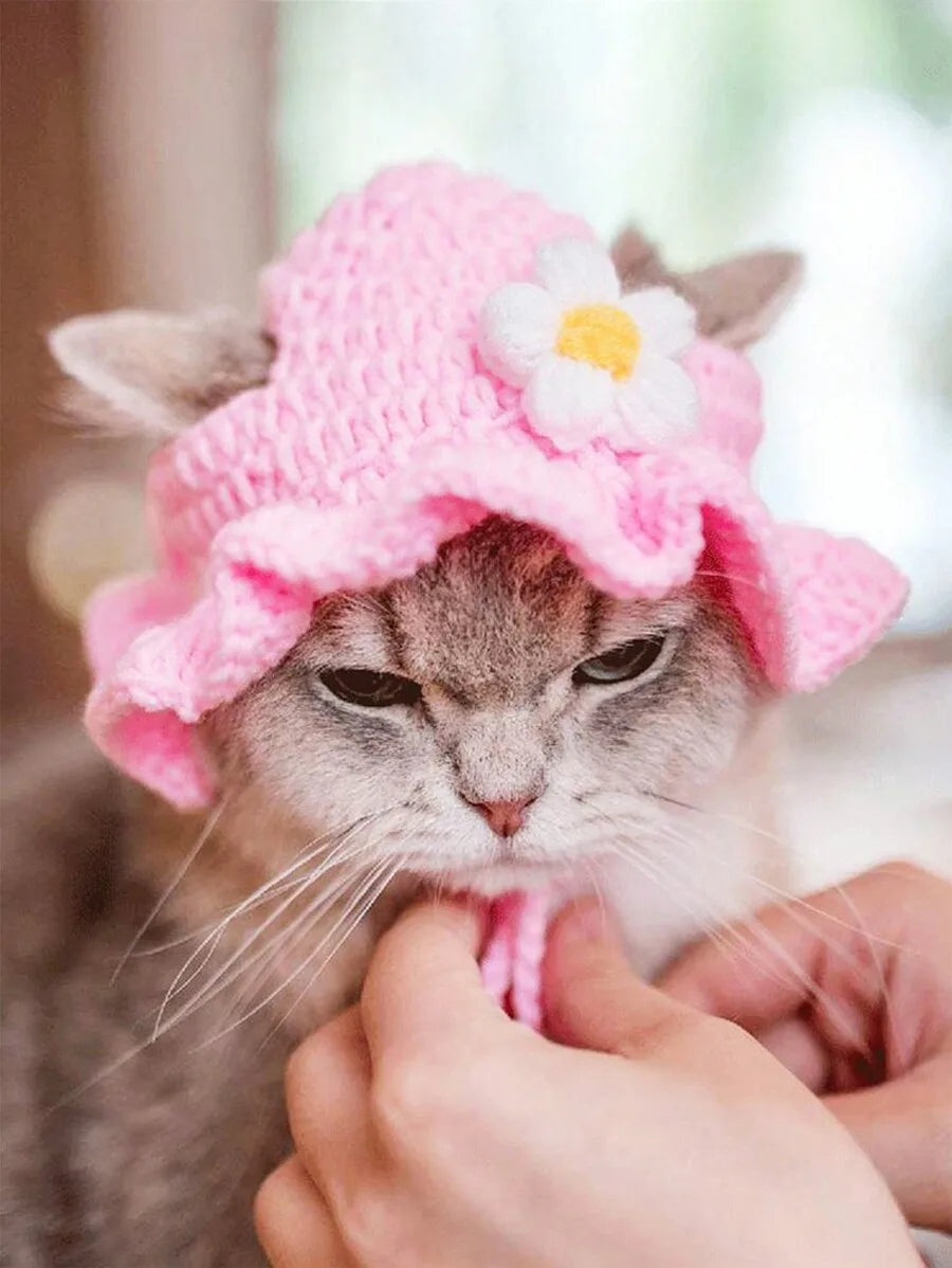 Knitted Pet Hat With Floral Trim For Cats And Dogs