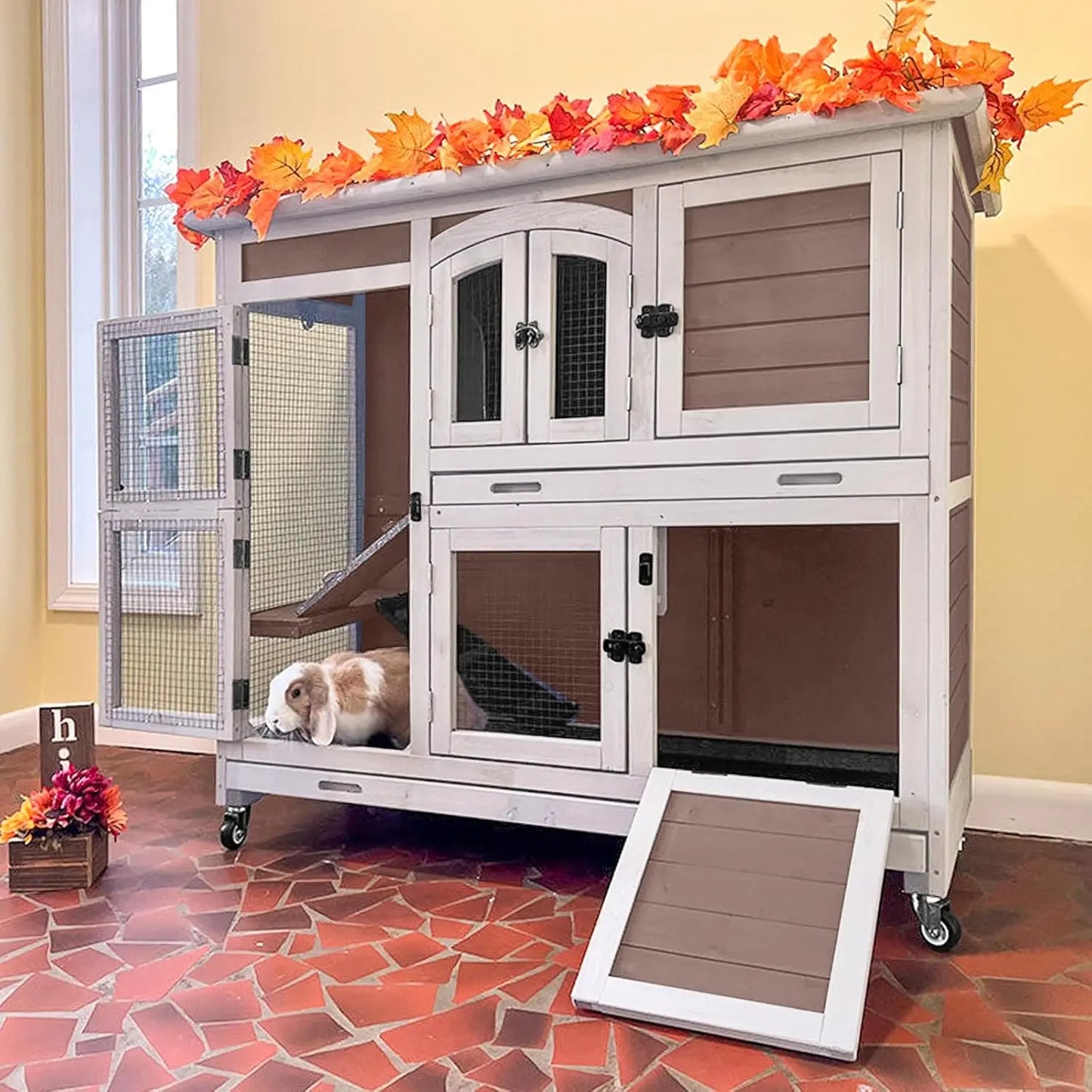Indoor Rabbit Hutch And Guinea Pig Cage With Sliding Trays Ramp