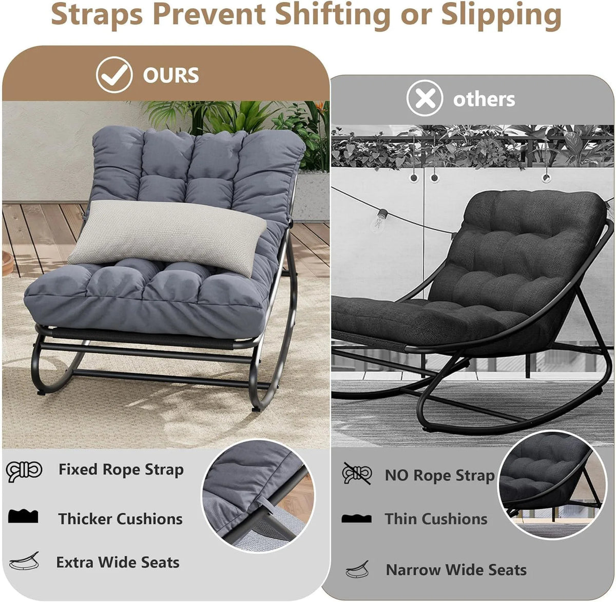 Oversized Outdoor Patio Rocking Chair – Heavy Duty Metal Frame, Thick Cushions, Comfy Recliner, 400/450 LBS Capacity – Relaxing Garden, Porch, Balcony, Backyard & Indoor Lounge Seating