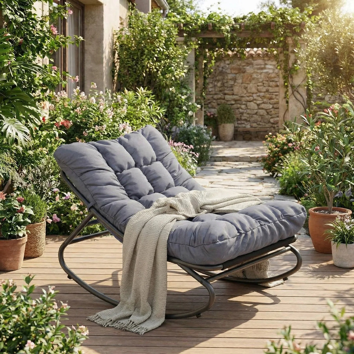 Oversized Outdoor Patio Rocking Chair – Heavy Duty Metal Frame, Thick Cushions, Comfy Recliner, 400/450 LBS Capacity – Relaxing Garden, Porch, Balcony, Backyard & Indoor Lounge Seating