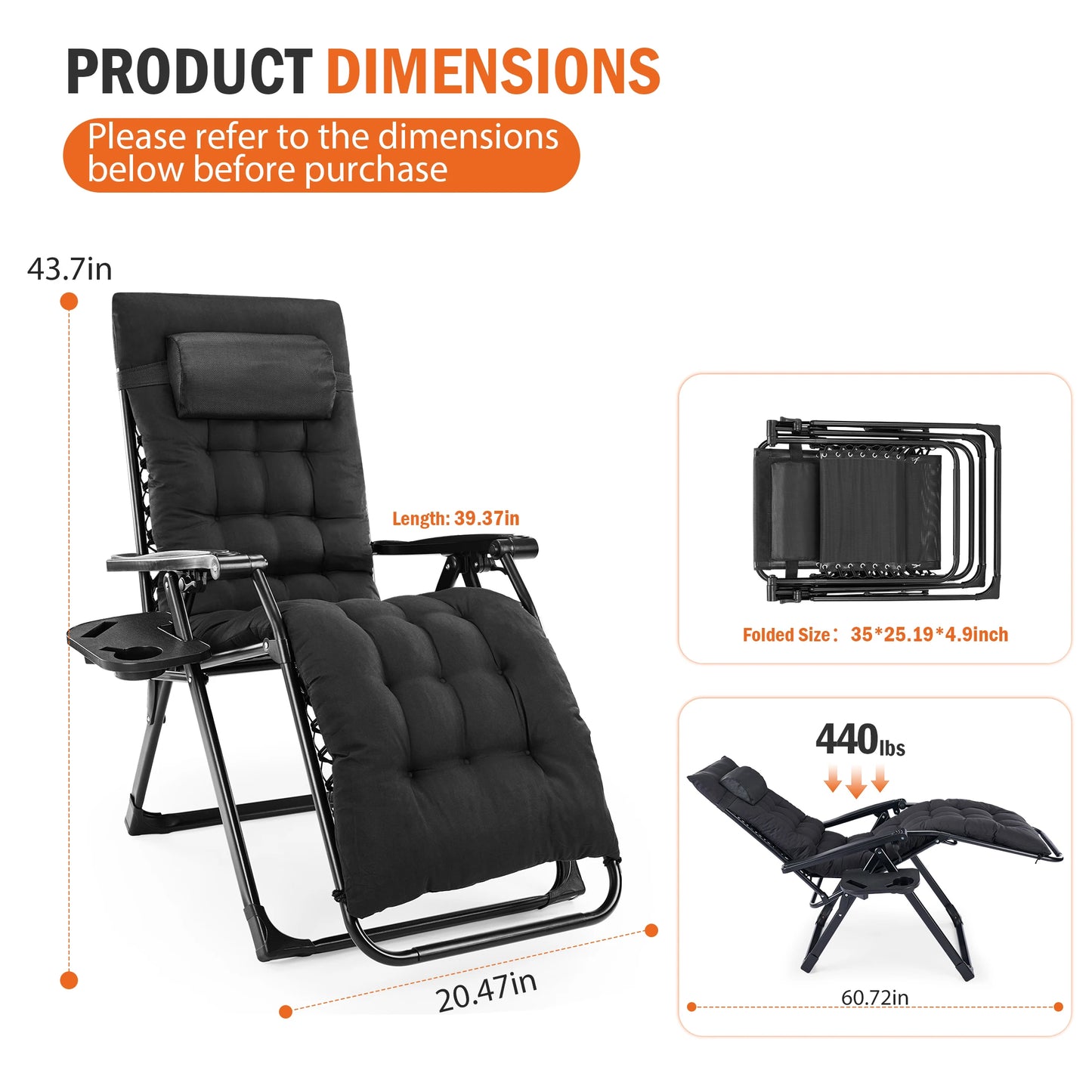 JHK Zero Gravity Reclining Camping Lounge Chair for Outdoor Soft Cushion Patio Chairs with Cup Holder Trays and Removable Cushion Folding Recliner for Indoor
