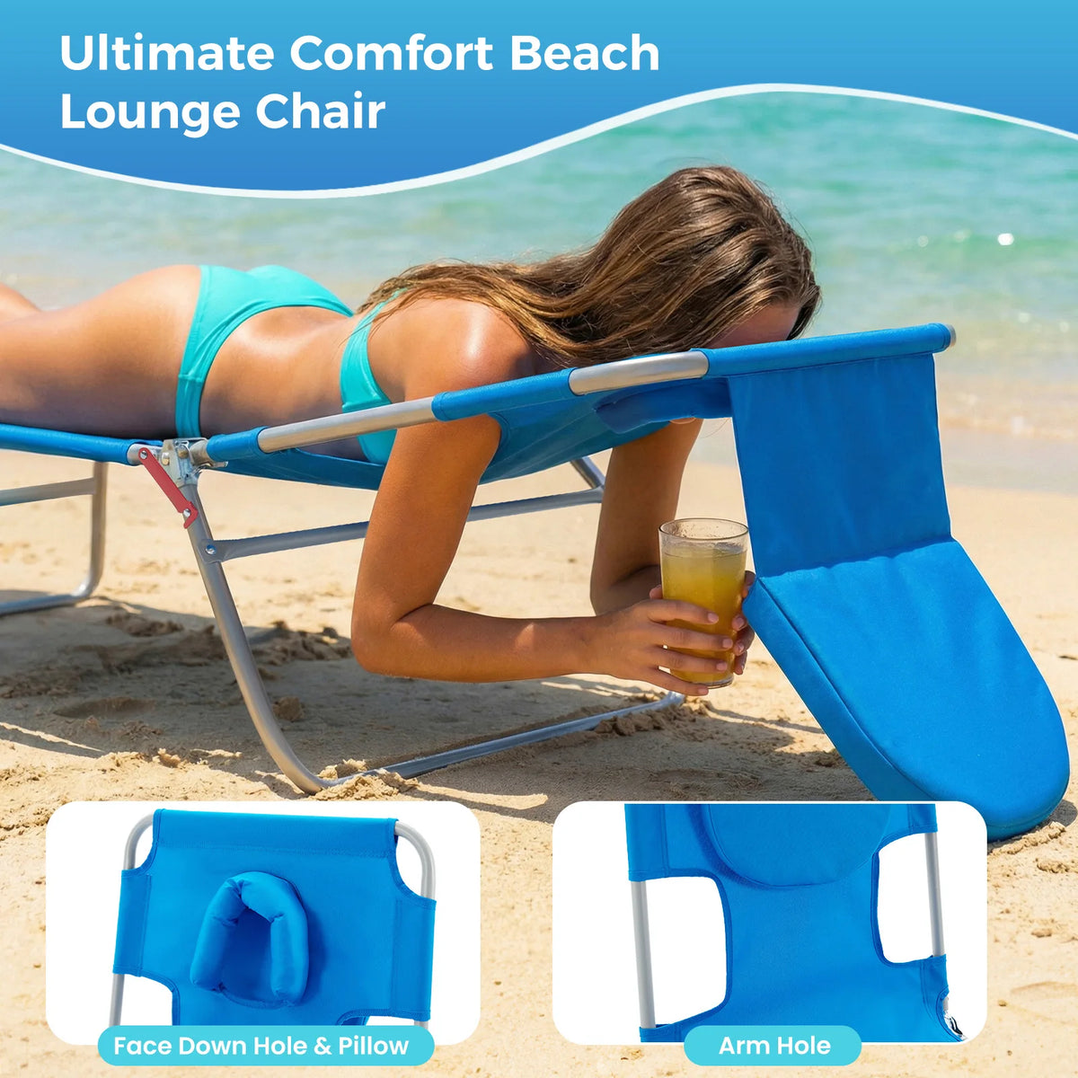 JHK Adjustable Reclining Beach Lounge Chair Portable Folding Metal Frame