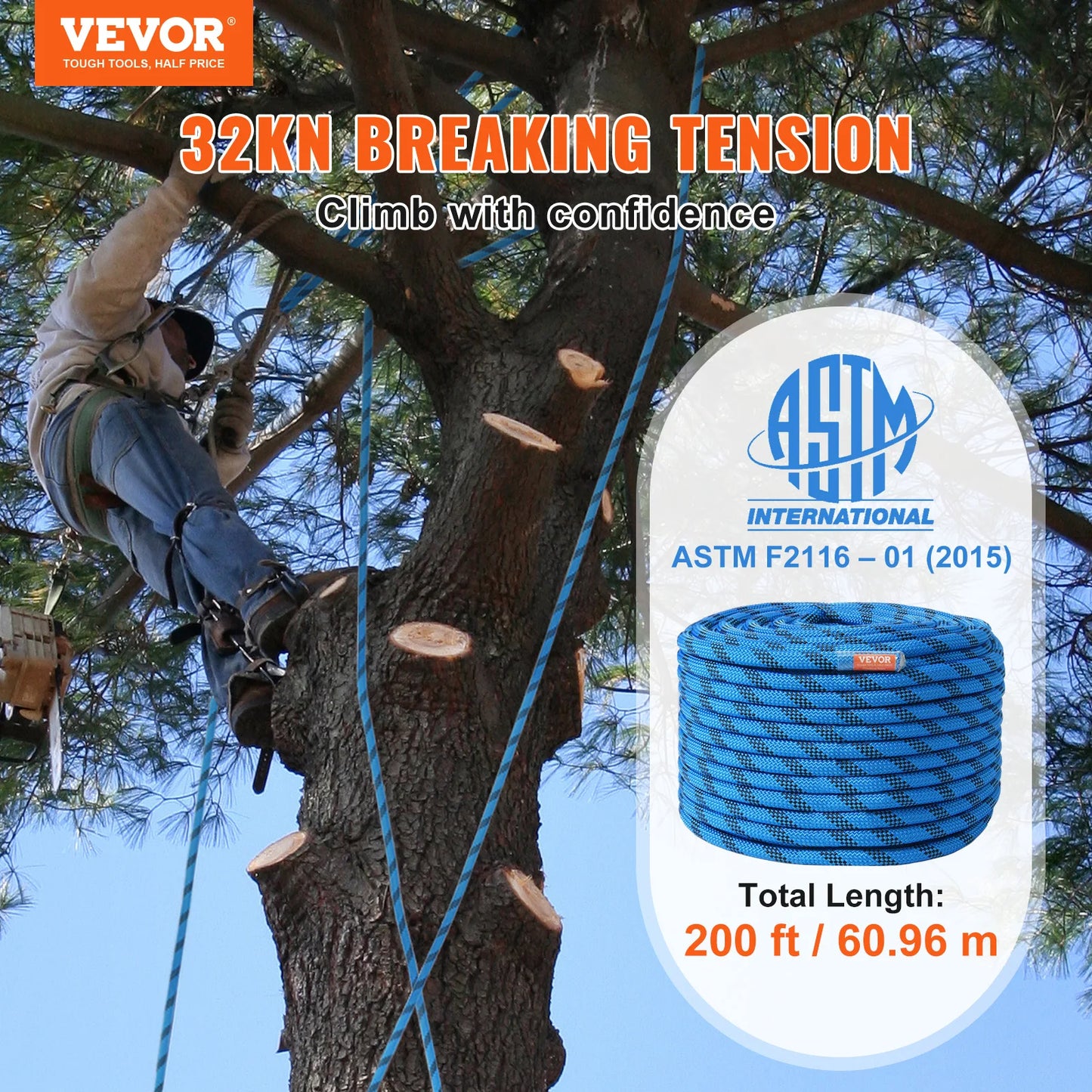 VEVOR Static Climbing Rope 30kN With Steel Snap Hooks