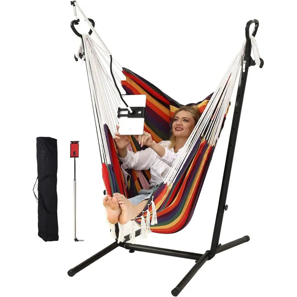 Double Hammock Chair with Stand - Bohemian Style Swing for Indoor/Outdoor Use, Mobile Phone Holder, Adjustable, Floor Mat Includ