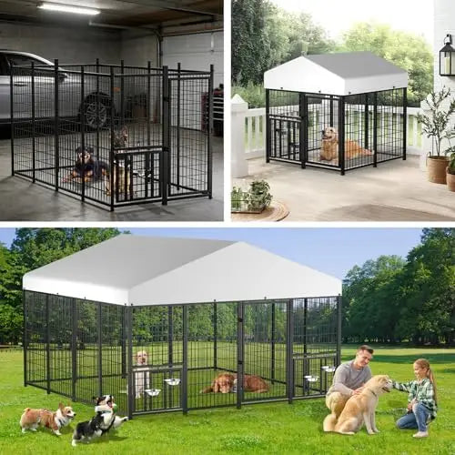 Outdoor Dog Kennel With Roof Heavy Duty Steel Enclosure Waterproof