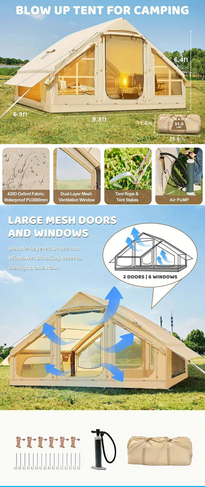 Inflatable Camping Tent For 4-6 People With Hand Pump