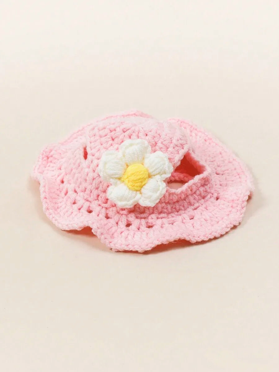 Knitted Pet Hat With Floral Trim For Cats And Dogs