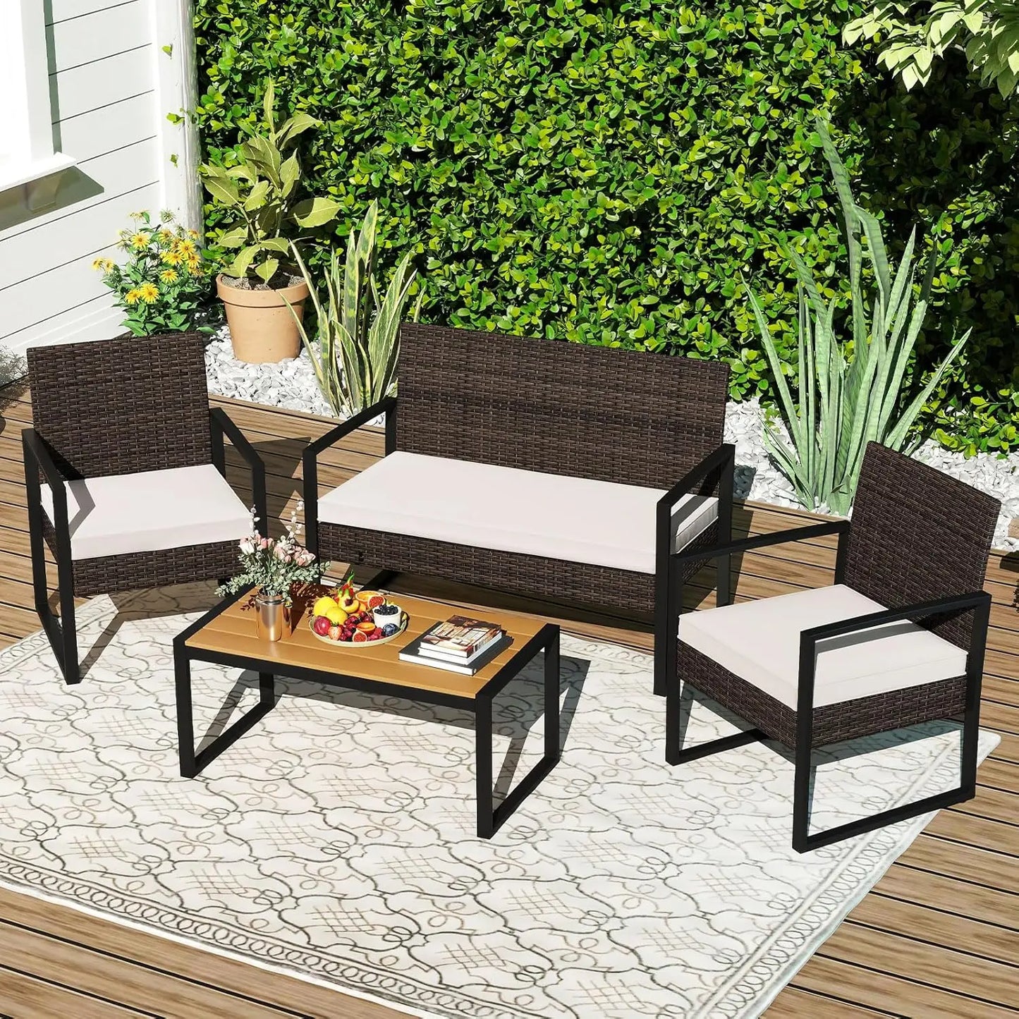 Outdoor Rattan Conversation Set With Cushioned Chairs And Coffee Table