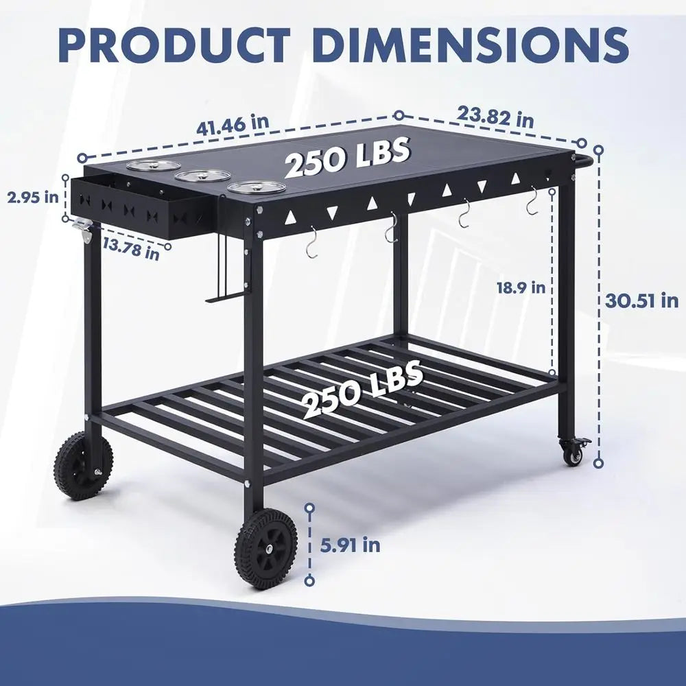 Portable Outdoor Grill Table With Wheels Griddle Stand Cart Shelves