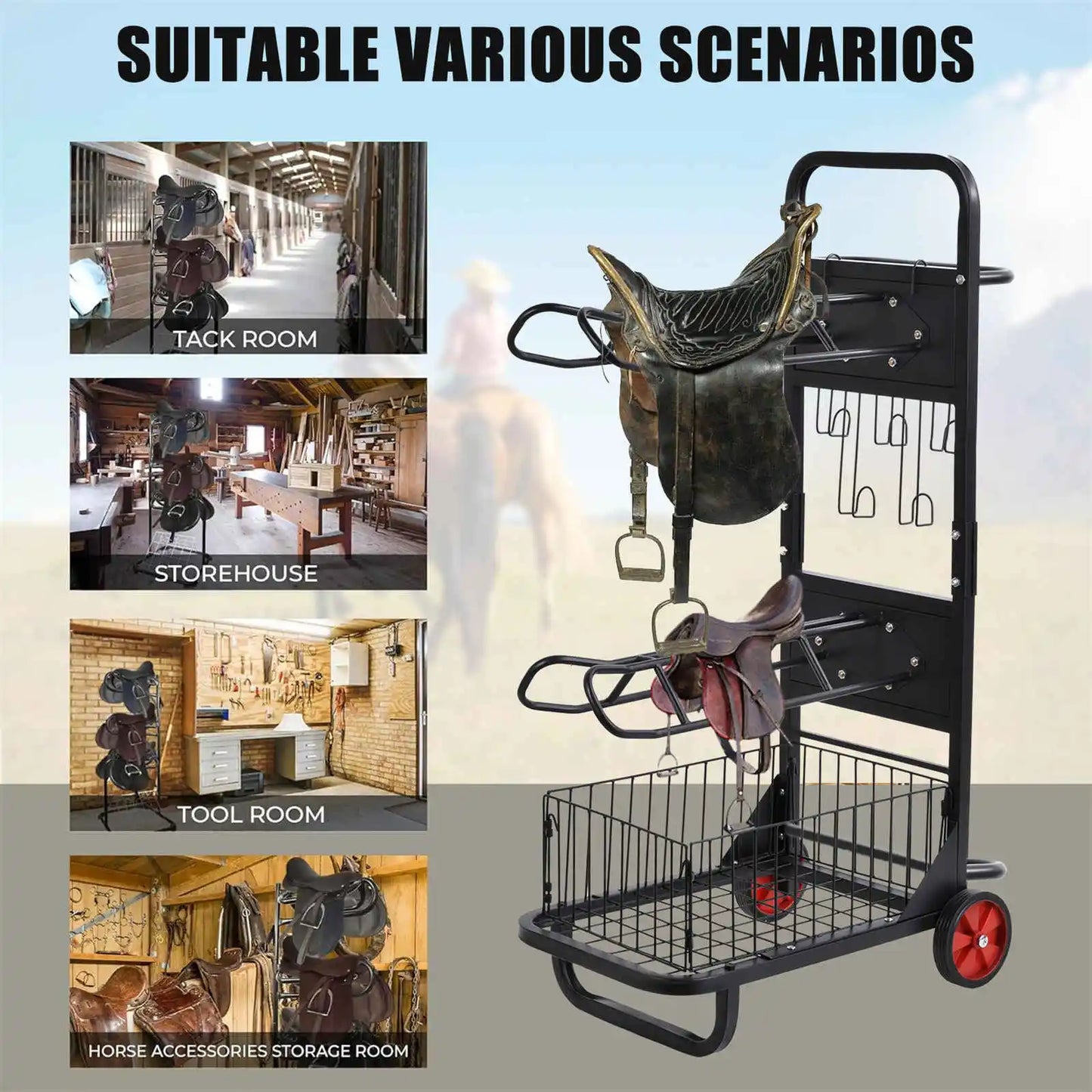Horse Saddle Rack Cart With Wheels Portable Stable Storage