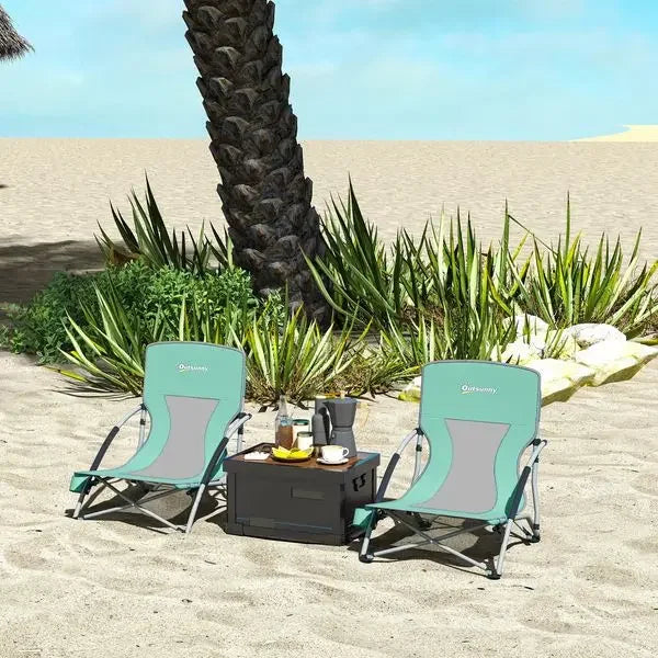 Outsunny Set of 2 Folding Beach Chairs with Mesh Back, Carry Bag and Cup Holder for Outdoor Camping Lawn Sports Picnic Turquoise