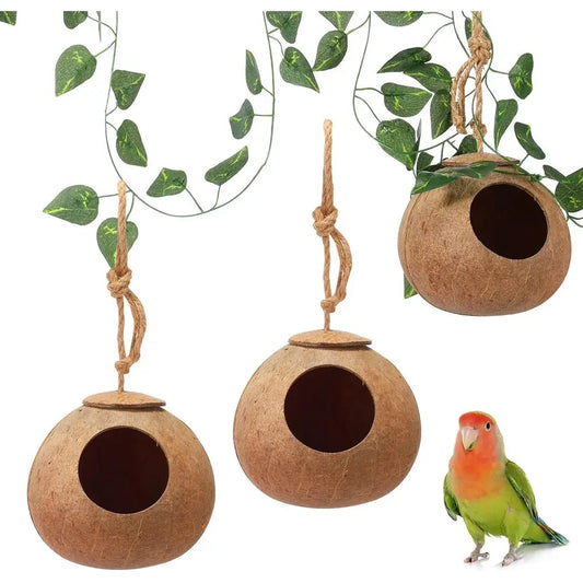 3 Pcs Coconut Bird Nest Hut Hanging Bird House Coconut Hide with 6.9 Feet Fake Vines Coconut Fiber Shell Small Bird Cage Accesso