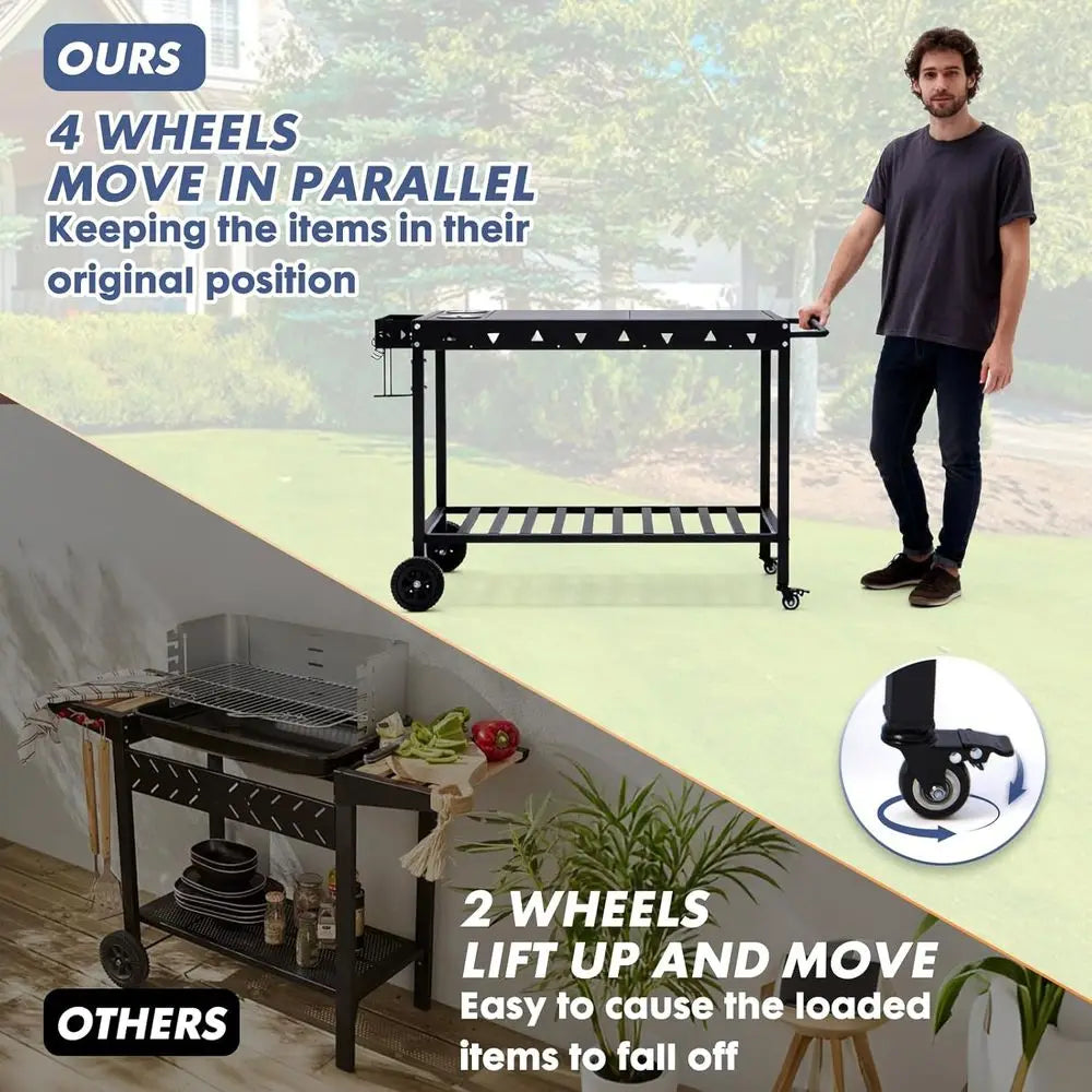 Portable Outdoor Grill Table With Wheels Griddle Stand Cart Shelves
