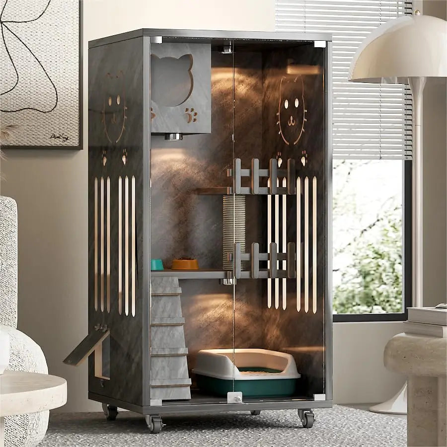 Wooden Cat House Scratcher With Ventilation Glass Doors Indoor