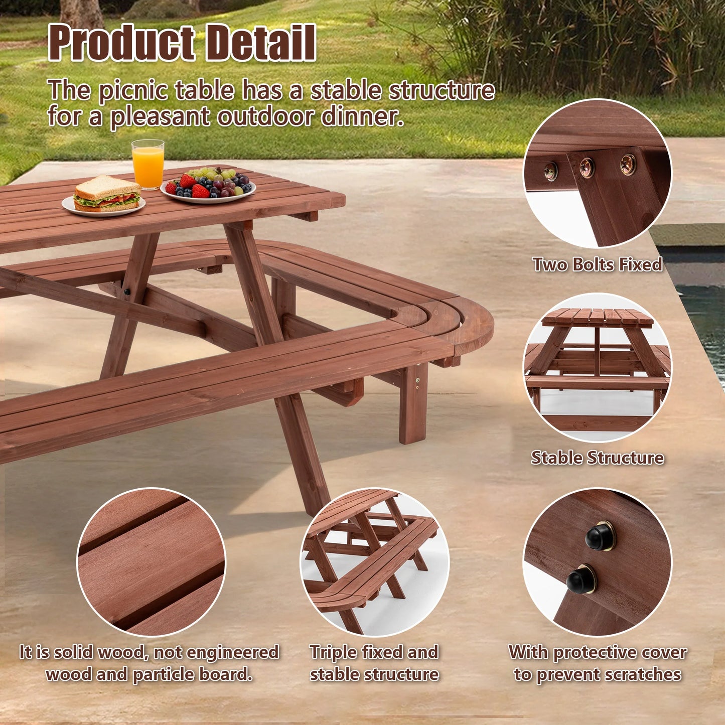 Wooden Outdoor Picnic Table With Umbrella Hole For Patio BBQ