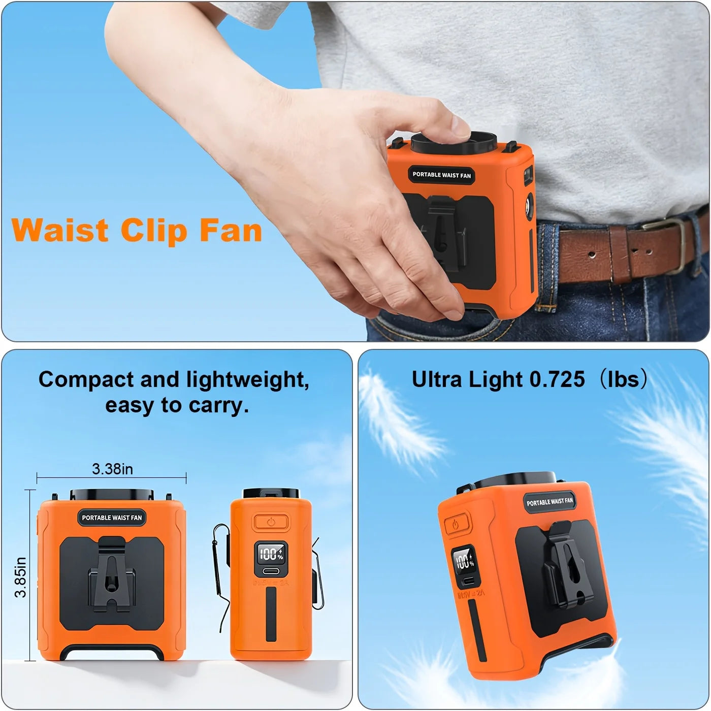 Waist Clip Fan Portable USB Rechargeable Cooling Fan Low Noise