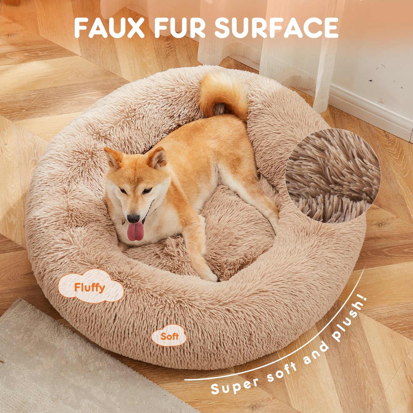 JHK Calming Dog Bed Washable Plush Faux Fur Round Bed