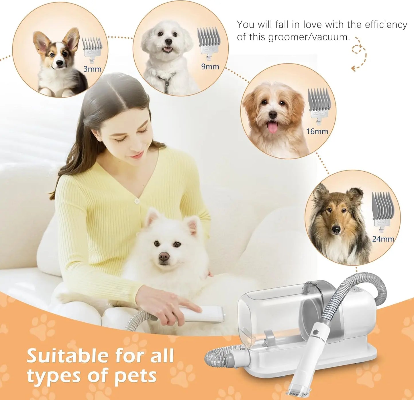 Pet Grooming Vacuum Kit With Low Noise And 5 Tools For Hair Removal