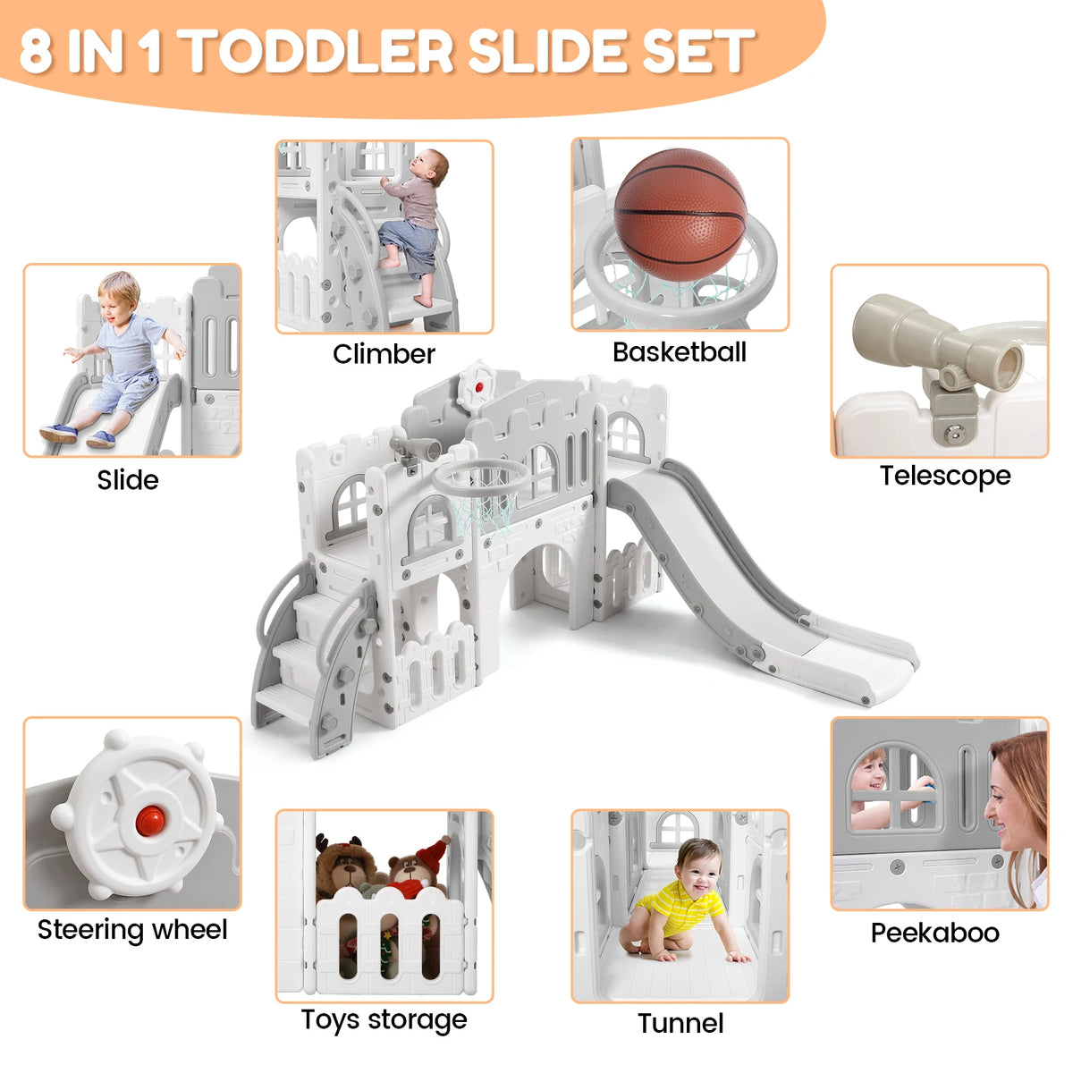 8 in 1 Indoor Toddler Slide with Basketball Hoop