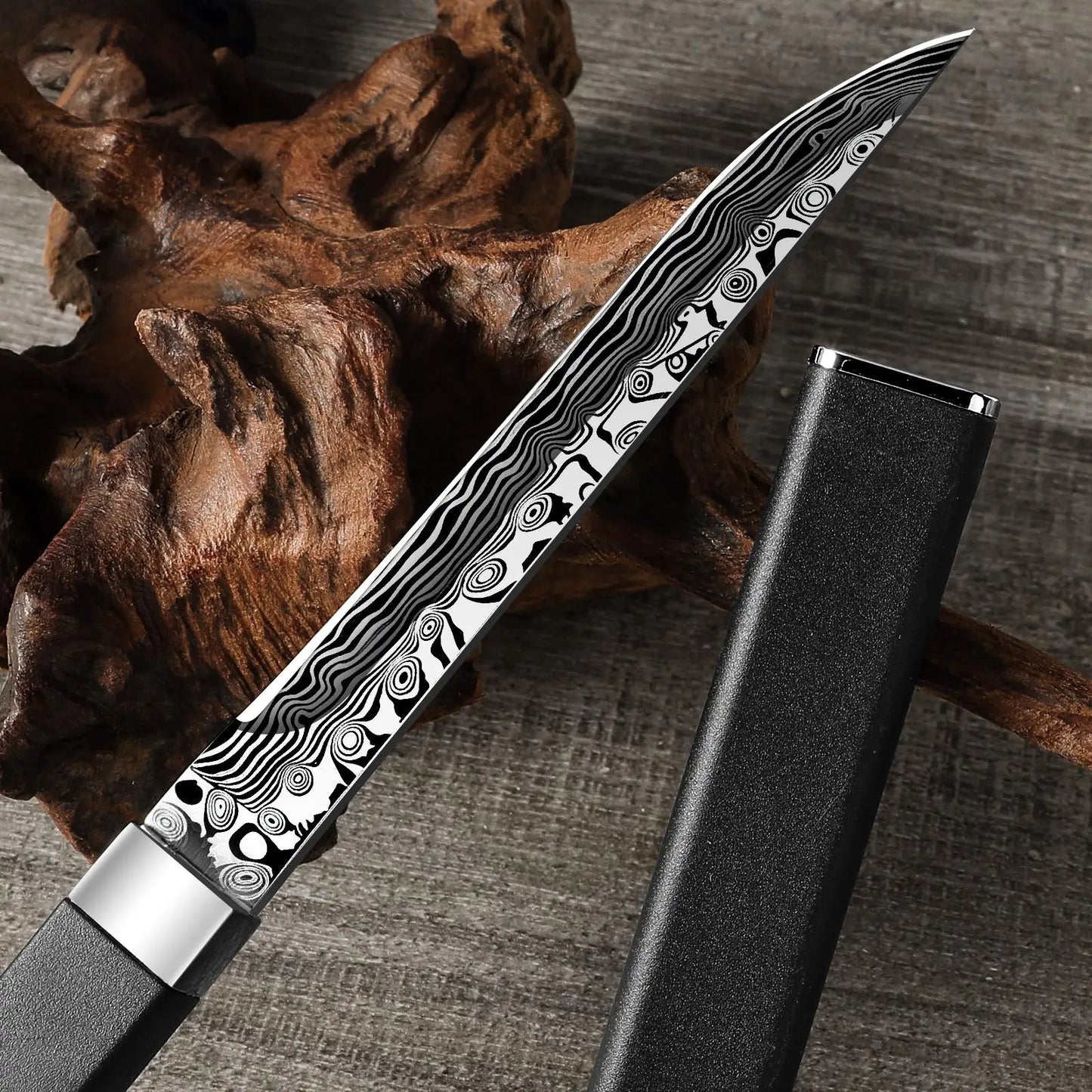 Black Damascus Pattern Outdoor Knife - Ultra-Sharp Fixed Blade with Sheath. Perfect for Camping, Hiking, bbq, and Survival Tasks
