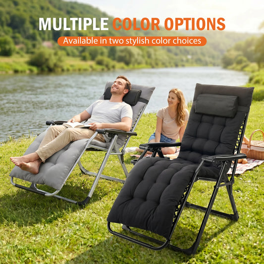 JHK Zero Gravity Reclining Camping Lounge Chair for Outdoor Soft Cushion Patio Chairs with Cup Holder Trays and Removable Cushion Folding Recliner for Indoor
